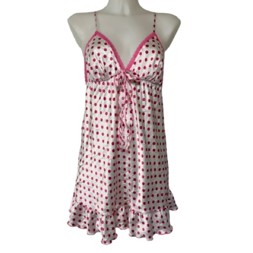 Victoria’s Secret White/Pink Satin Polkadot Baby Doll Lingerie Size M